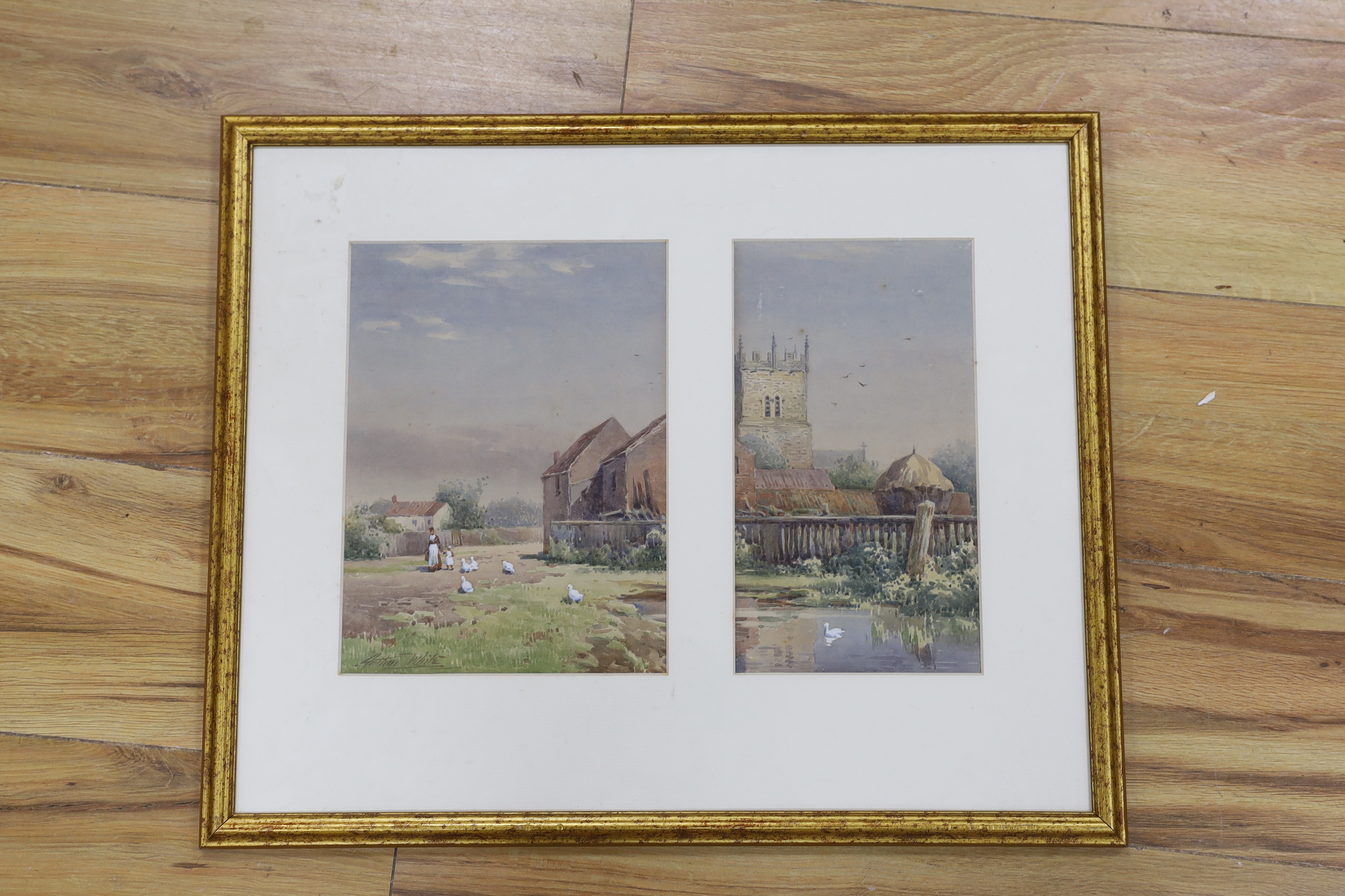 Arthur White (1865-1953), pair of watercolours, Church and duck pond, signed, 25 x 36cm overall